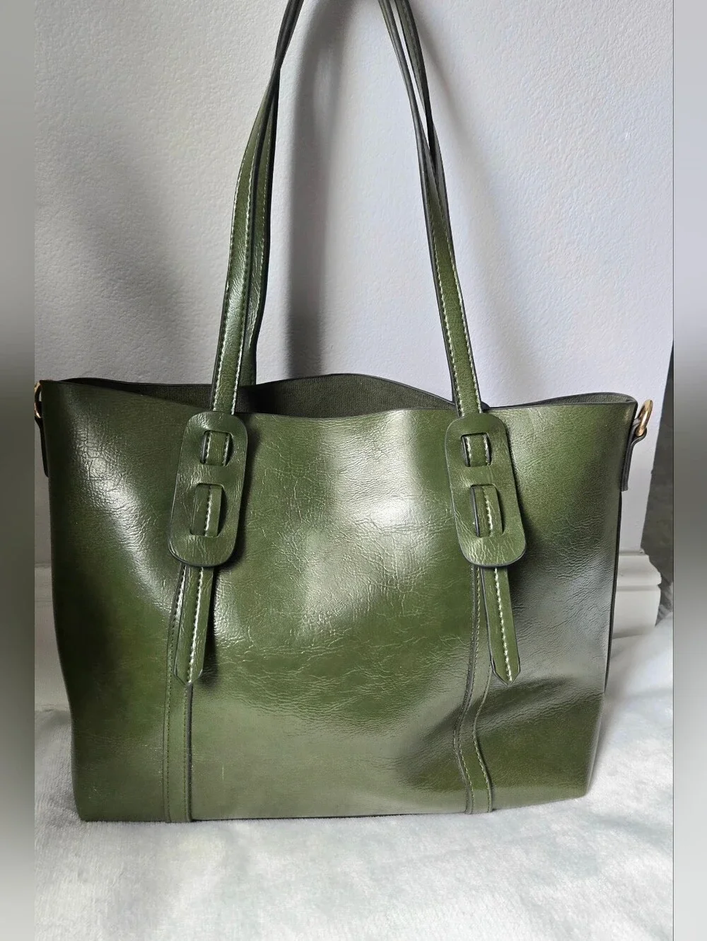Vintage Style Olive Green Faux Leather Large Tote Bag - Roomy Shoulder Bag